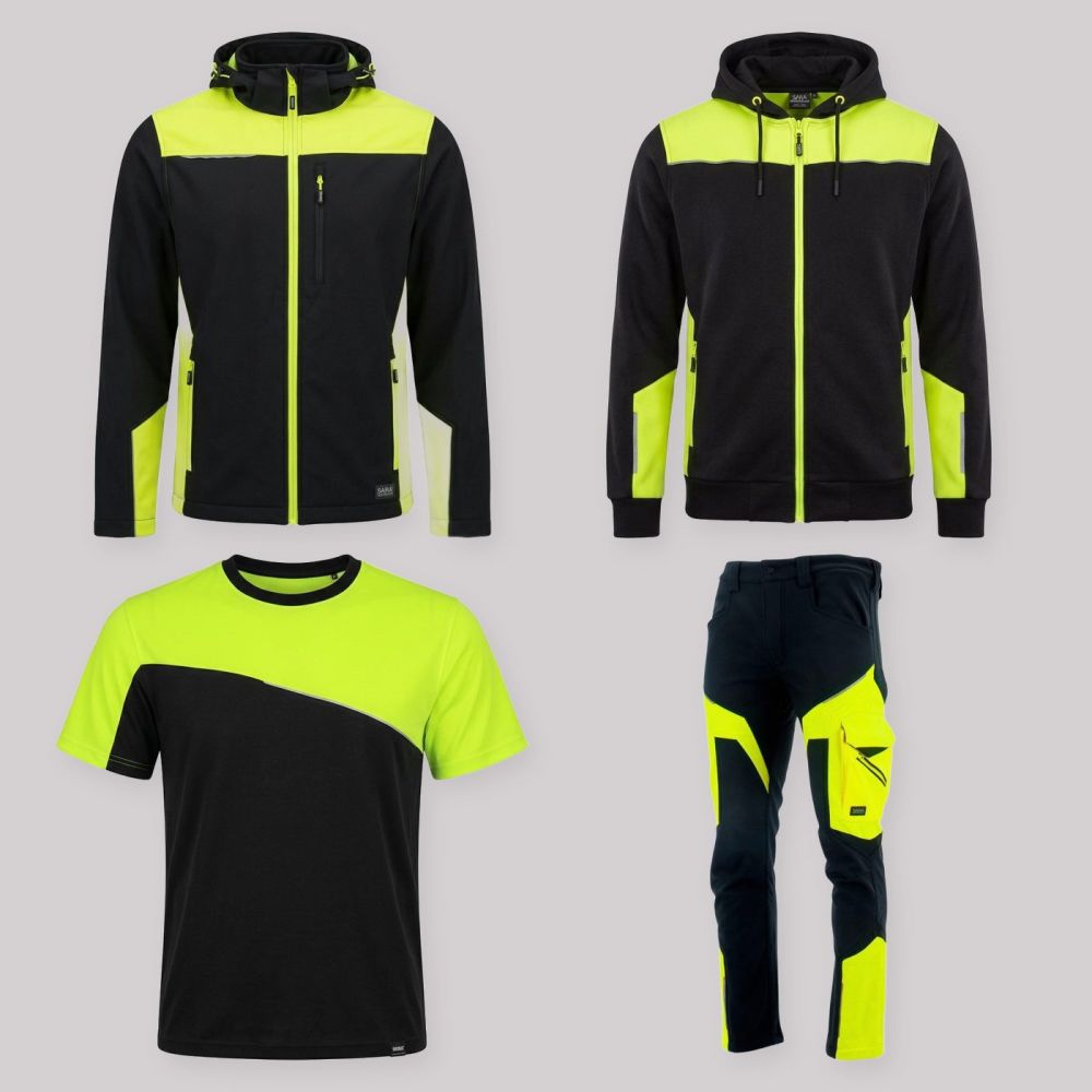 Zestaw roboczy całoroczny czarno-żółty — kurtka softshell, bluza z kapturem, koszulka i spodnie softshell
