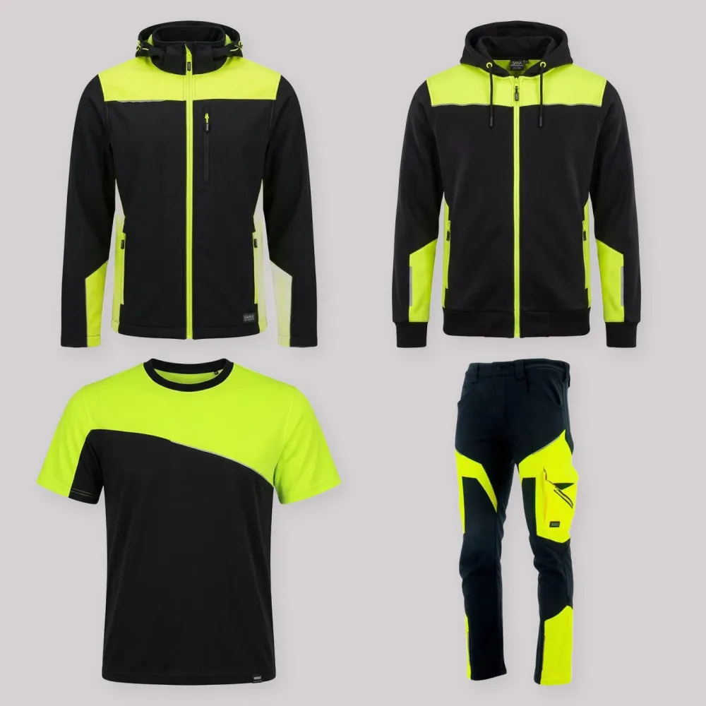 Zestaw roboczy całoroczny czarno-żółty — kurtka softshell, bluza z kapturem, koszulka i spodnie softshell