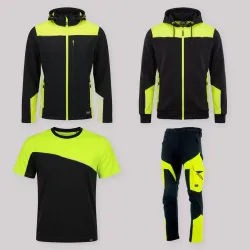 Zestaw roboczy całoroczny czarno-żółty — kurtka softshell, bluza z kapturem, koszulka i spodnie softshell