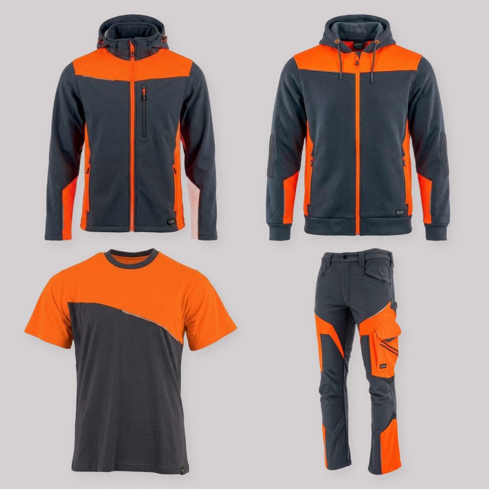 Zestaw roboczy całoroczny grafitowo-pomarańczowy — kurtka softshell, bluza z kapturem, koszulka i spodnie softshell