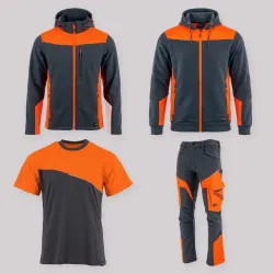 Zestaw roboczy całoroczny grafitowo-pomarańczowy — kurtka softshell, bluza z kapturem, koszulka i spodnie softshell