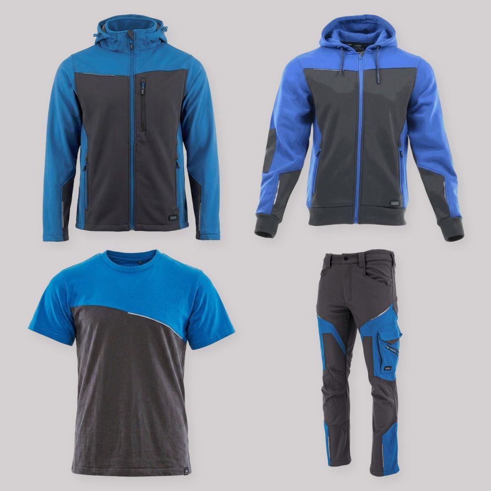 Zestaw roboczy całoroczny grafitowo-niebieski — kurtka softshell, bluza z kapturem, koszulka i spodnie softshell