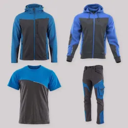 Zestaw roboczy całoroczny grafitowo-niebieski — kurtka softshell, bluza z kapturem, koszulka i spodnie softshell