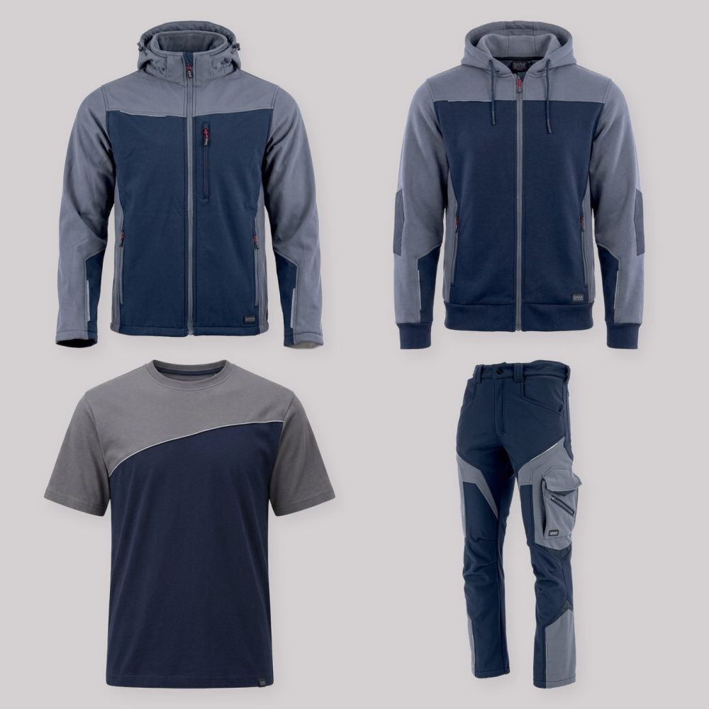Zestaw roboczy całoroczny granatowo-szary — kurtka softshell, bluza z kapturem, koszulka i spodnie softshell