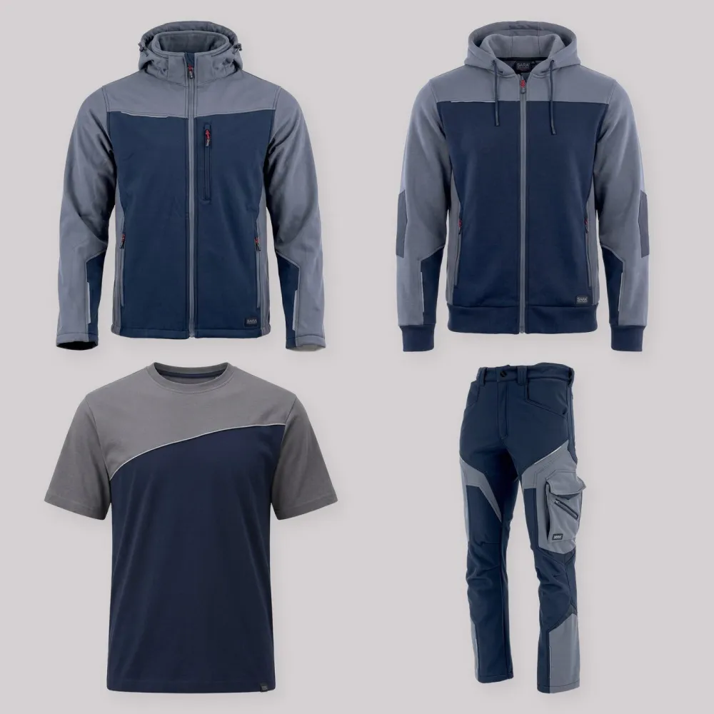 Zestaw roboczy całoroczny granatowo-szary — kurtka softshell, bluza z kapturem, koszulka i spodnie softshell