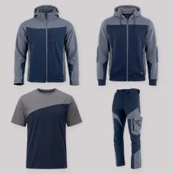 Zestaw roboczy całoroczny granatowo-szary — kurtka softshell, bluza z kapturem, koszulka i spodnie softshell