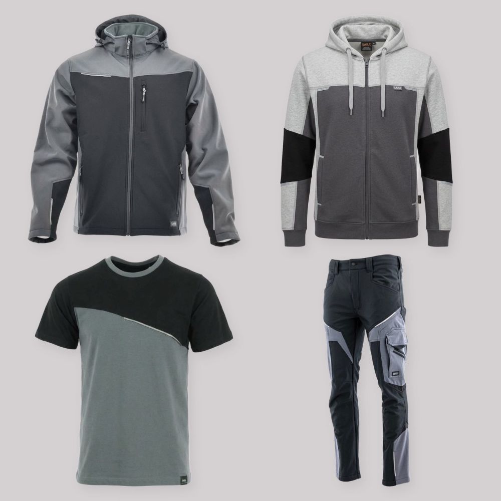 Zestaw roboczy całoroczny czarno-szary — kurtka softshell, bluza z kapturem, koszulka i spodnie softshell