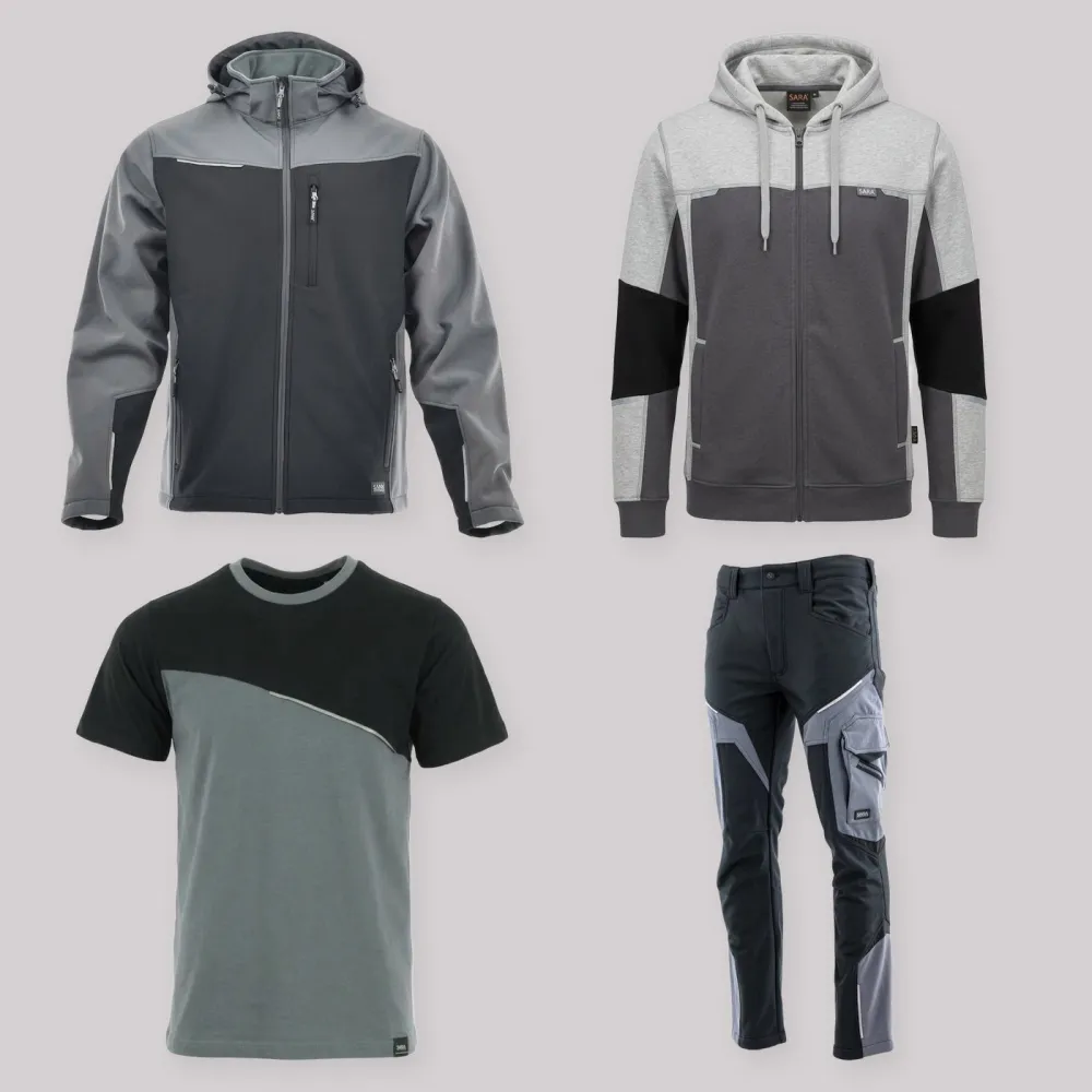 Zestaw roboczy całoroczny czarno-szary — kurtka softshell, bluza z kapturem, koszulka i spodnie softshell