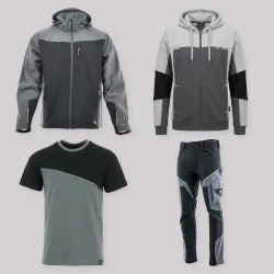Zestaw roboczy całoroczny czarno-szary — kurtka softshell, bluza z kapturem, koszulka i spodnie softshell