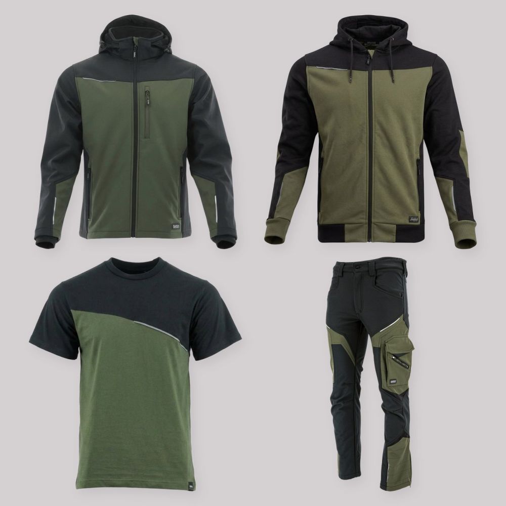 Zestaw roboczy całoroczny oliwkowo-czarny — kurtka softshell, bluza z kapturem, koszulka i spodnie softshell