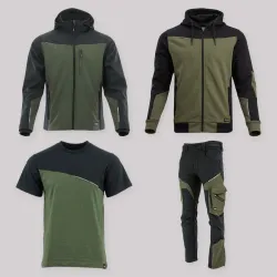 Zestaw roboczy całoroczny oliwkowo-czarny — kurtka softshell, bluza z kapturem, koszulka i spodnie softshell