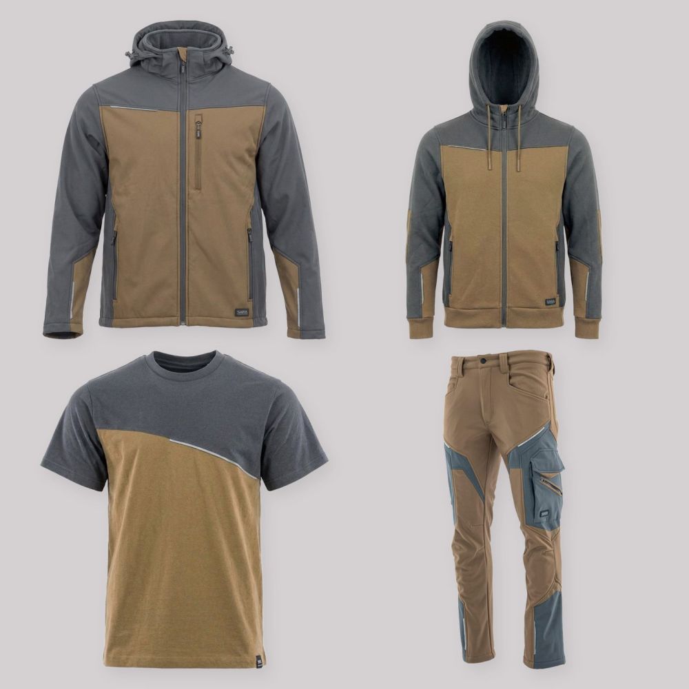 Zestaw roboczy całoroczny brązowo-grafitowy — kurtka softshell, bluza z kapturem, koszulka i spodnie softshell