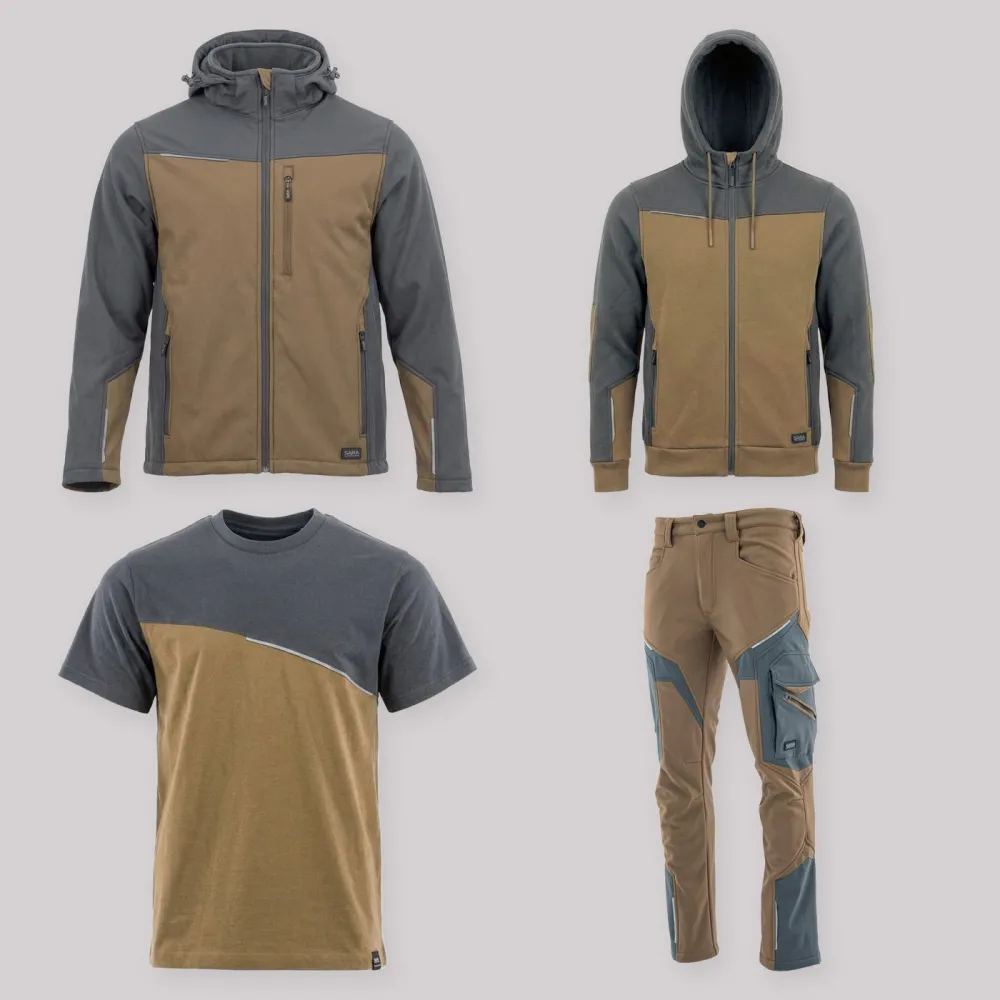 Zestaw roboczy całoroczny brązowo-grafitowy — kurtka softshell, bluza z kapturem, koszulka i spodnie softshell