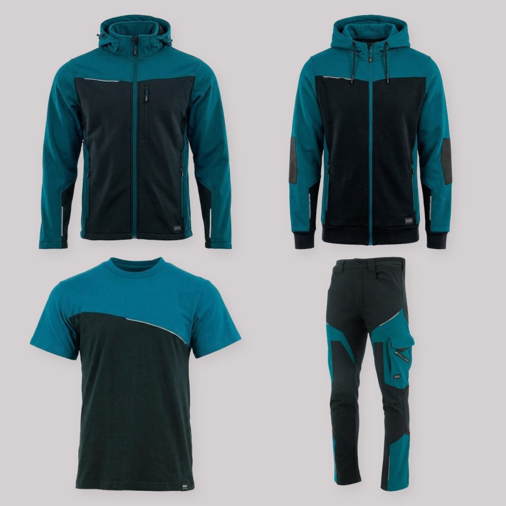 Zestaw roboczy całoroczny czarno-petrolowy — kurtka softshell, bluza z kapturem, koszulka i spodnie softshell
