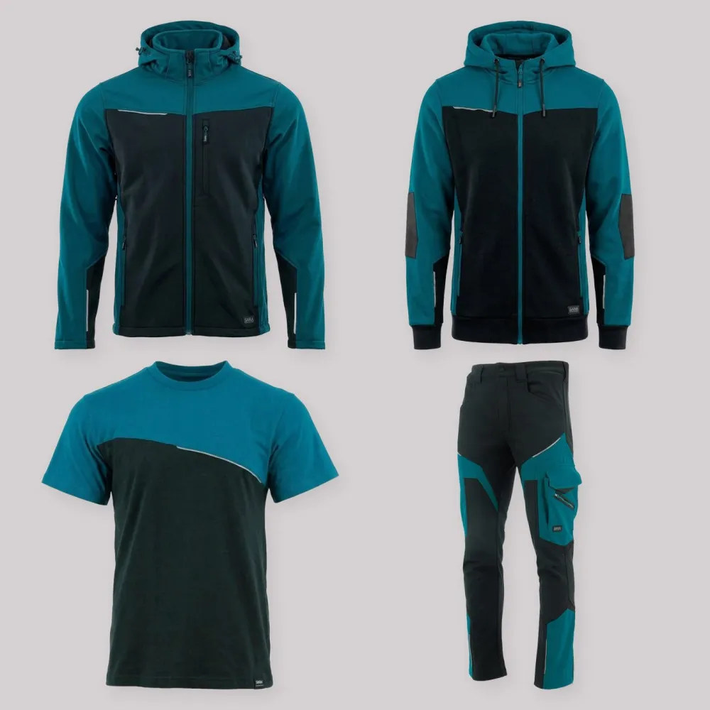Zestaw roboczy całoroczny czarno-petrolowy — kurtka softshell, bluza z kapturem, koszulka i spodnie softshell