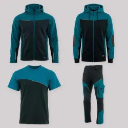 Zestaw roboczy całoroczny czarno-petrolowy — kurtka softshell, bluza z kapturem, koszulka i spodnie softshell
