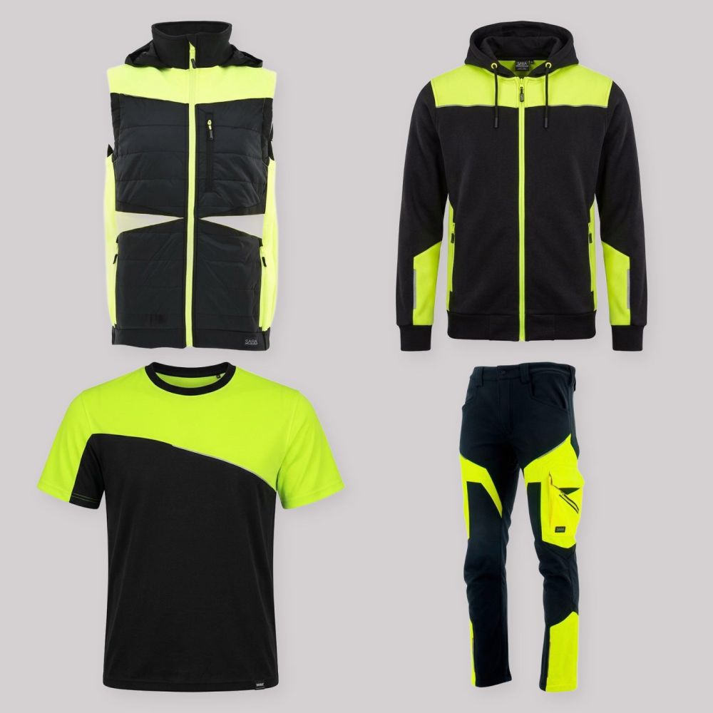 Zestaw roboczy z kamizelką czarno-żółty — kamizelka hybrydowa, bluza z kapturem, koszulka i spodnie softshell