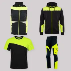 Zestaw roboczy z kamizelką czarno-żółty — kamizelka hybrydowa, bluza z kapturem, koszulka i spodnie softshell