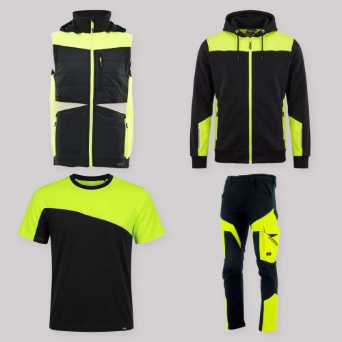 Zestaw roboczy z kamizelką czarno-żółty: kamizelka hybrydowa, bluza z kapturem, koszulka i spodnie softshell