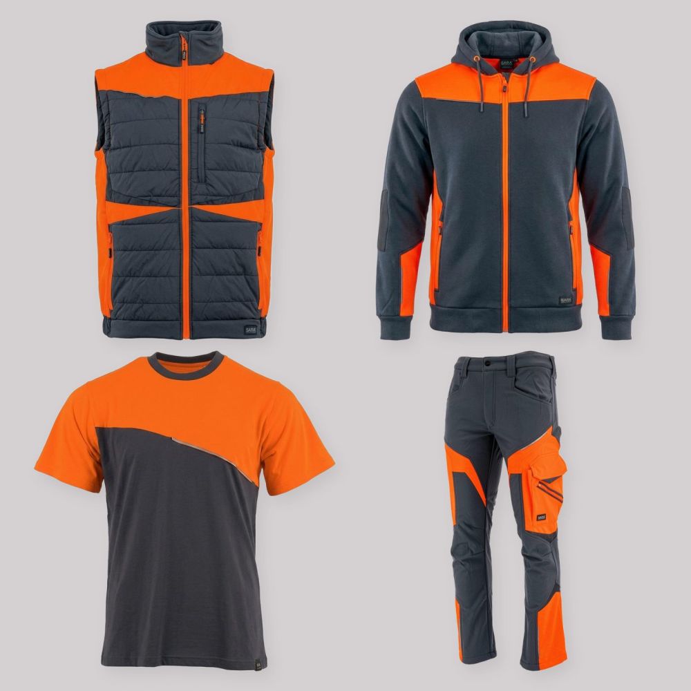 Zestaw roboczy z kamizelką grafitowo-pomarańczowy — kamizelka hybrydowa, bluza z kapturem, koszulka i spodnie softshell