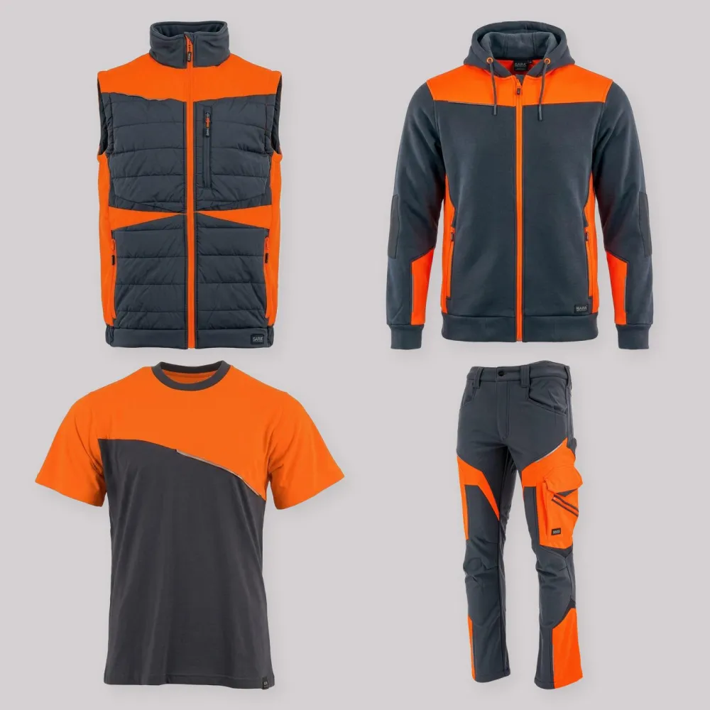 Zestaw roboczy z kamizelką grafitowo-pomarańczowy — kamizelka hybrydowa, bluza z kapturem, koszulka i spodnie softshell