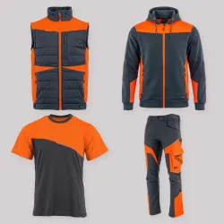Zestaw roboczy z kamizelką grafitowo-pomarańczowy — kamizelka hybrydowa, bluza z kapturem, koszulka i spodnie softshell