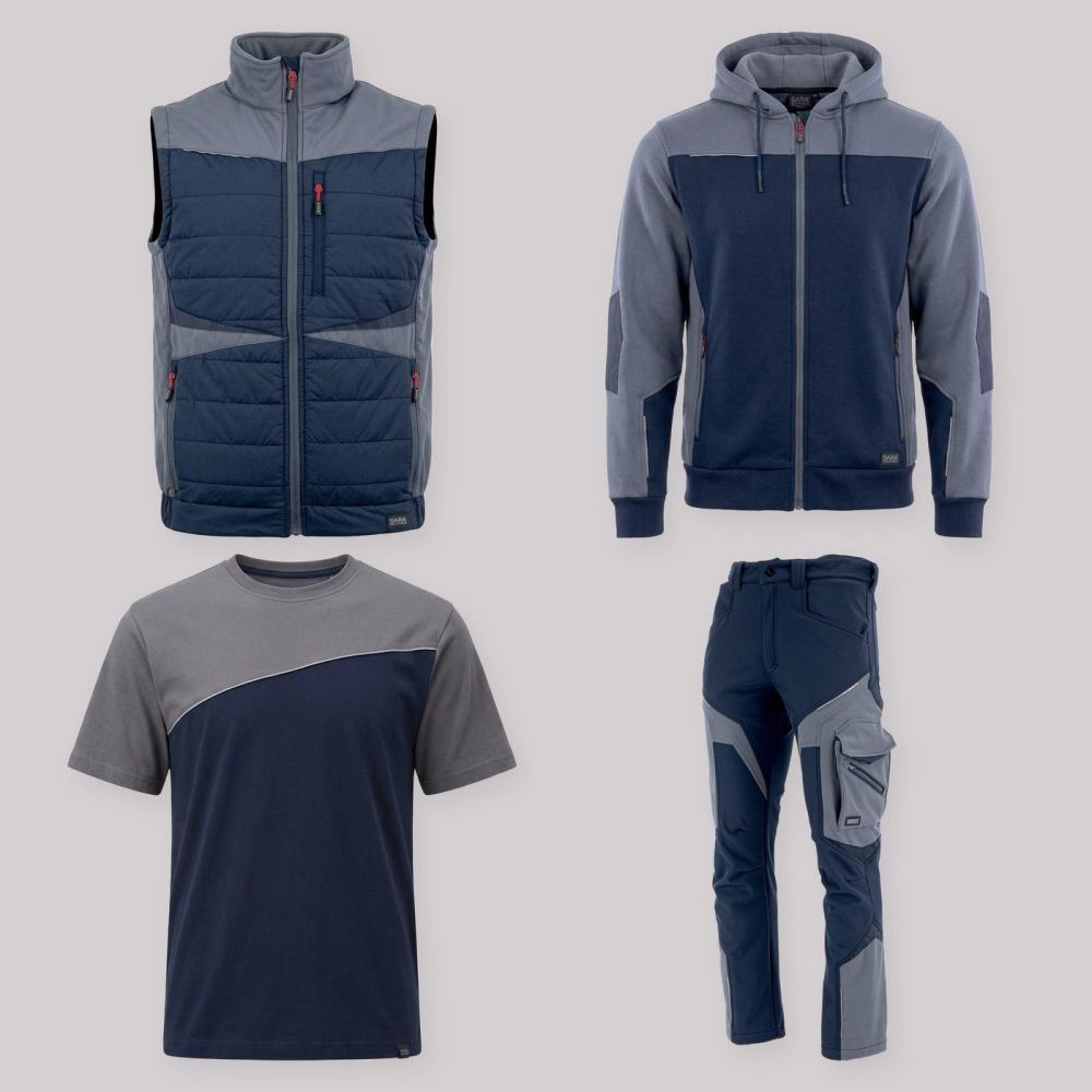 Zestaw roboczy z kamizelką granatowo-szary — kamizelka hybrydowa, bluza z kapturem, koszulka i spodnie softshell