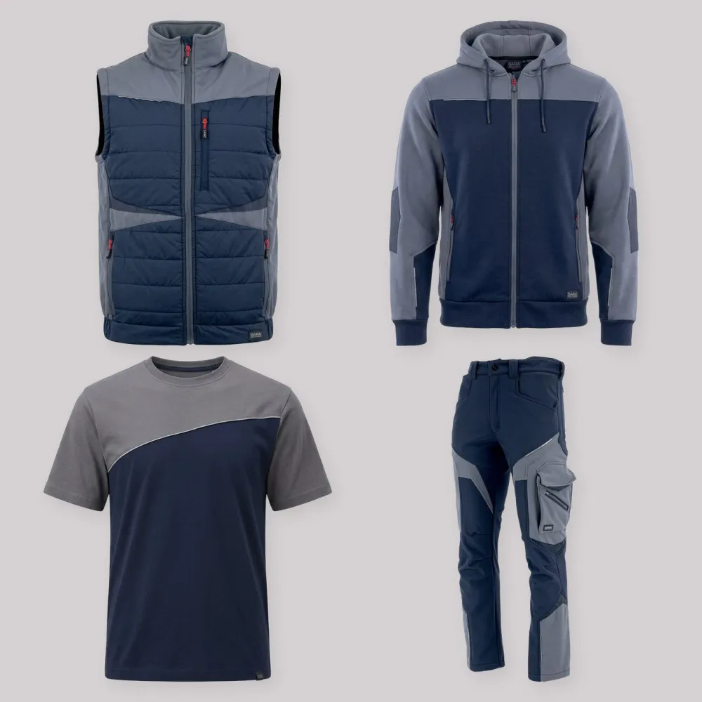 Zestaw roboczy z kamizelką granatowo-szary — kamizelka hybrydowa, bluza z kapturem, koszulka i spodnie softshell