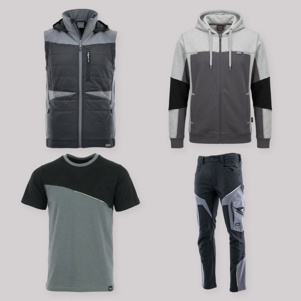 Zestaw roboczy z kamizelką czarno-szary — kamizelka hybrydowa, bluza z kapturem, koszulka i spodnie softshell