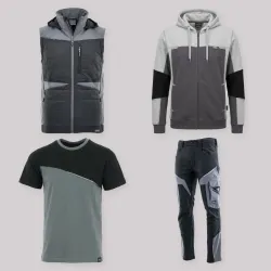 Zestaw roboczy z kamizelką czarno-szary — kamizelka hybrydowa, bluza z kapturem, koszulka i spodnie softshell