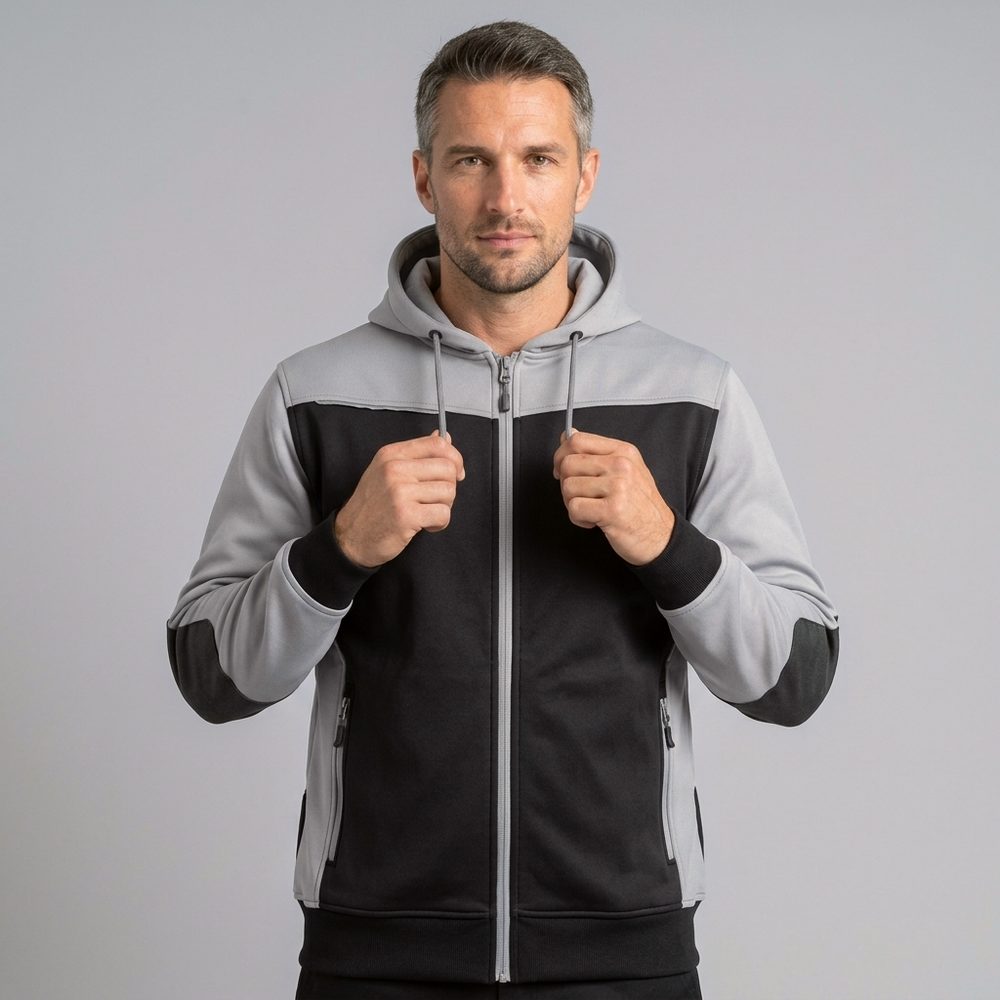 Zestaw roboczy z kamizelką czarno-szary — kamizelka hybrydowa, bluza z kapturem, koszulka i spodnie softshell