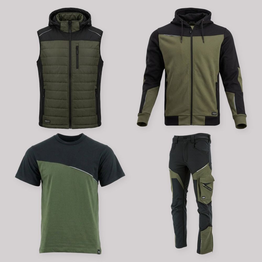 Zestaw roboczy z kamizelką oliwkowo-czarny — kamizelka hybrydowa, bluza z kapturem, koszulka i spodnie softshell