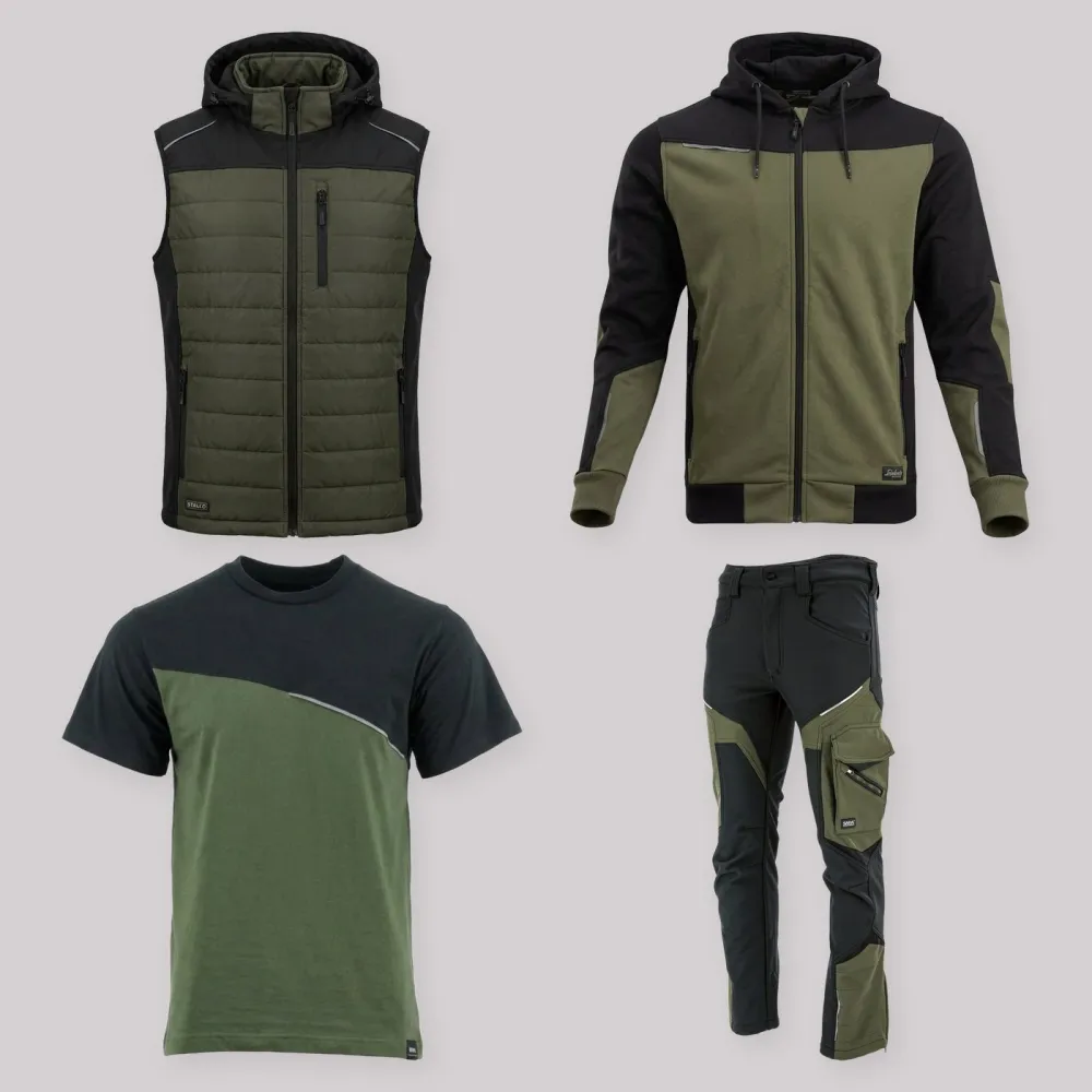 Zestaw roboczy z kamizelką oliwkowo-czarny — kamizelka hybrydowa, bluza z kapturem, koszulka i spodnie softshell