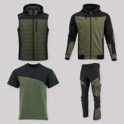 Zestaw roboczy z kamizelką oliwkowo-czarny — kamizelka hybrydowa, bluza z kapturem, koszulka i spodnie softshell