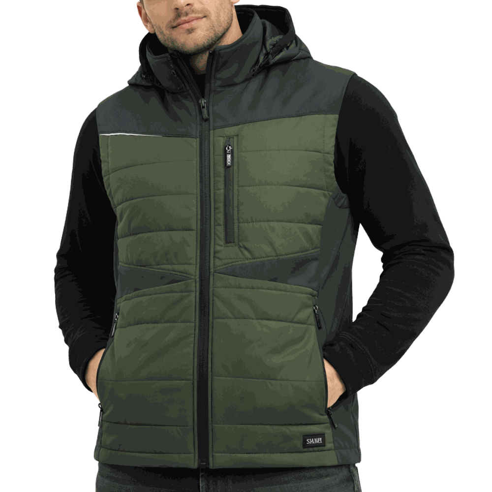 Zestaw roboczy z kamizelką oliwkowo-czarny — kamizelka hybrydowa, bluza z kapturem, koszulka i spodnie softshell