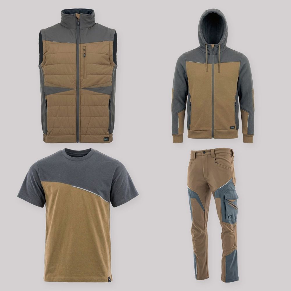 Zestaw roboczy z kamizelką brązowo-grafitowy — kamizelka hybrydowa, bluza z kapturem, koszulka i spodnie softshell
