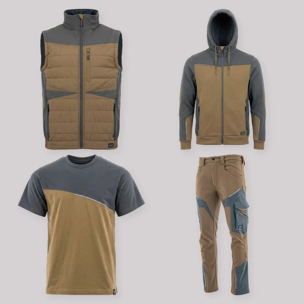 Zestaw roboczy z kamizelką brązowo-grafitowy — kamizelka hybrydowa, bluza z kapturem, koszulka i spodnie softshell
