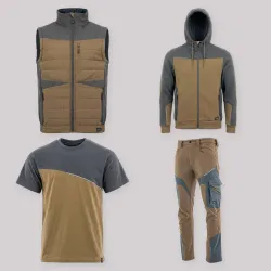 Zestaw roboczy z kamizelką brązowo-grafitowy — kamizelka hybrydowa, bluza z kapturem, koszulka i spodnie softshell