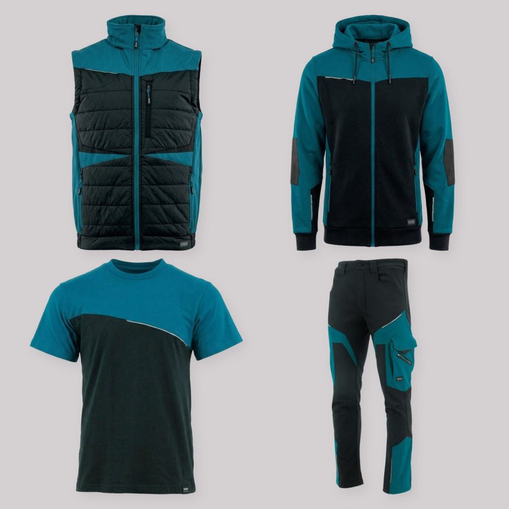 Zestaw roboczy z kamizelką czarno-petrolowy — kamizelka hybrydowa, bluza z kapturem, koszulka i spodnie softshell
