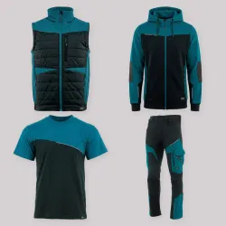 Zestaw roboczy z kamizelką czarno-petrolowy — kamizelka hybrydowa, bluza z kapturem, koszulka i spodnie softshell