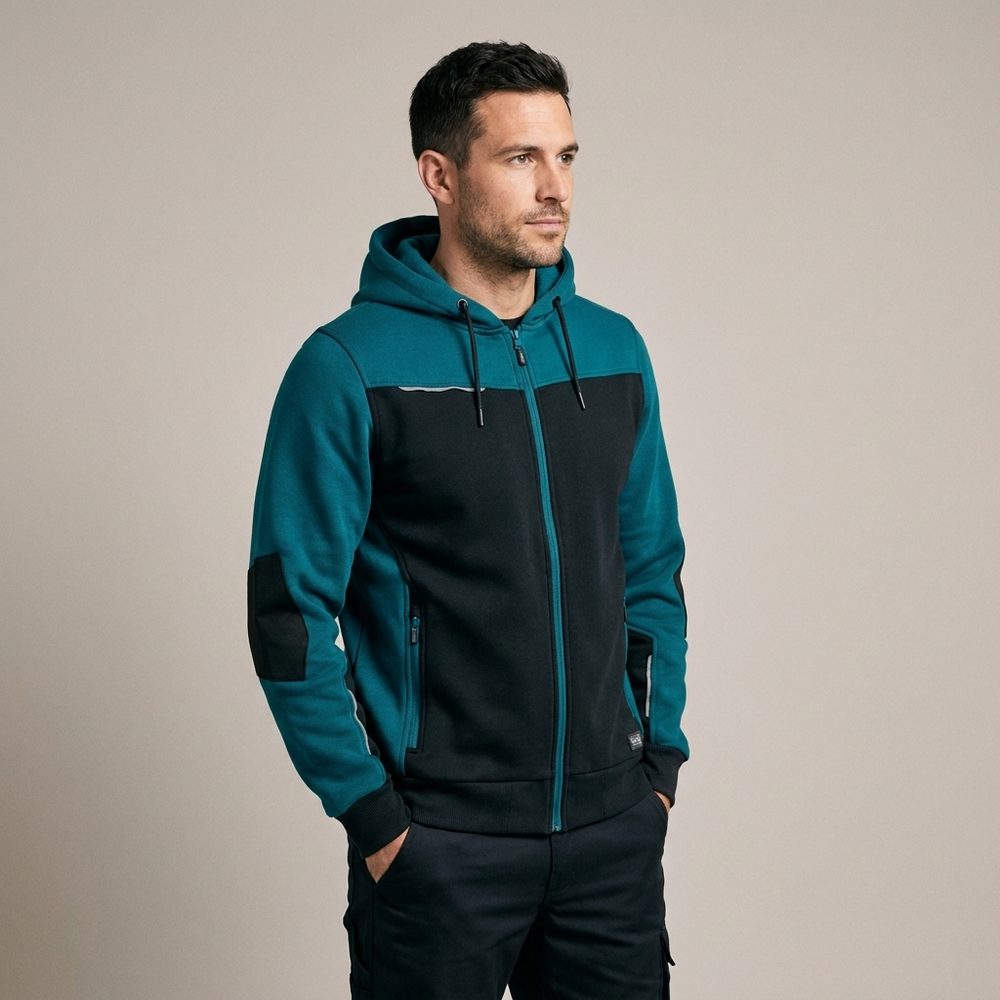 Zestaw roboczy z kamizelką czarno-petrolowy — kamizelka hybrydowa, bluza z kapturem, koszulka i spodnie softshell