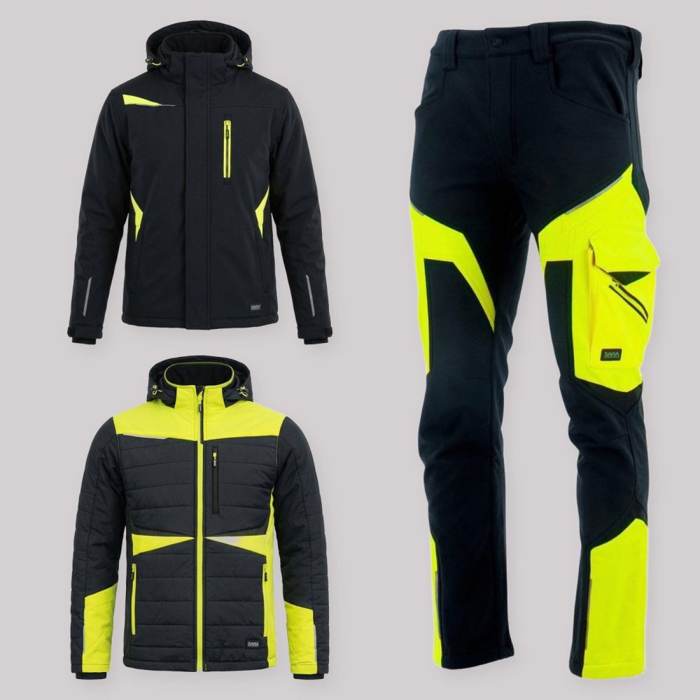 Zestaw roboczy na cały sezon czarno-żółty — kurtka zimowa, kurtka hybrydowa i spodnie softshell Comfort Winter