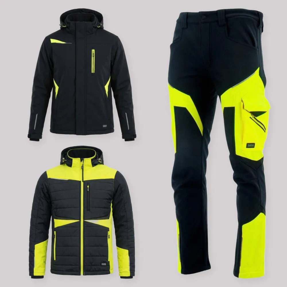 Zestaw roboczy na cały sezon czarno-żółty — kurtka zimowa, kurtka hybrydowa i spodnie softshell Comfort Winter