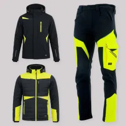Zestaw roboczy na cały sezon czarno-żółty — kurtka zimowa, kurtka hybrydowa i spodnie softshell Comfort Winter
