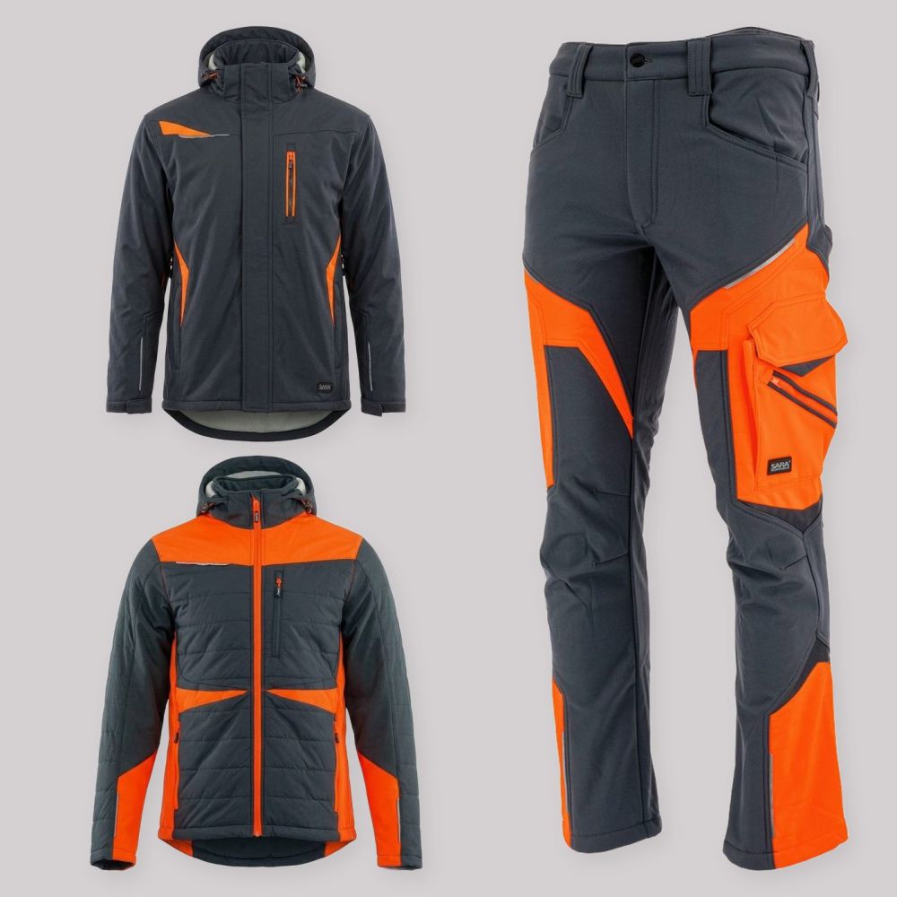 Zestaw roboczy na cały sezon grafitowo-pomarańczowy — kurtka zimowa, kurtka hybrydowa i spodnie softshell Comfort Winter