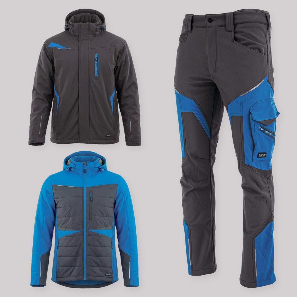 Zestaw roboczy na cały sezon grafitowo-niebieski — kurtka zimowa, kurtka hybrydowa i spodnie softshell Comfort Winter