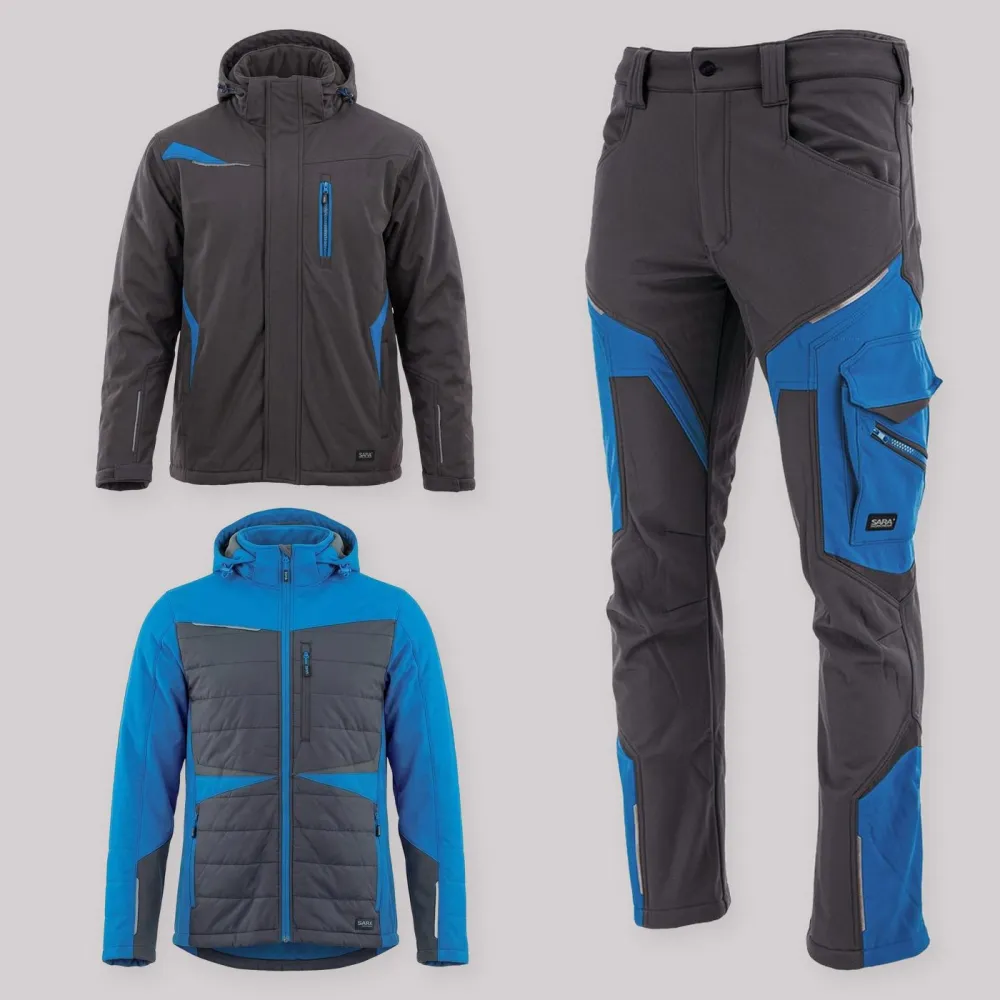 Zestaw roboczy na cały sezon grafitowo-niebieski — kurtka zimowa, kurtka hybrydowa i spodnie softshell Comfort Winter