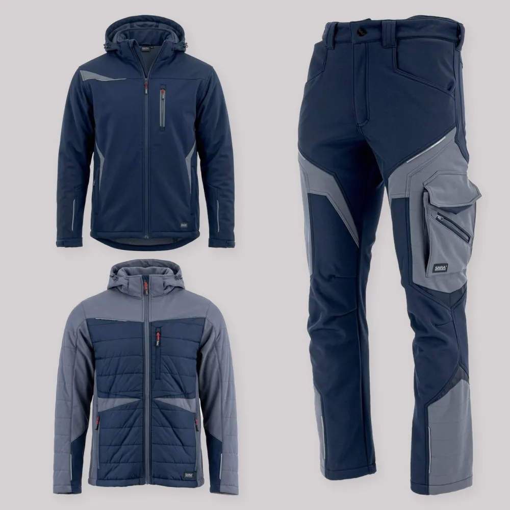 Zestaw roboczy na cały sezon granatowo-szary — kurtka zimowa, kurtka hybrydowa i spodnie softshell Comfort Winter