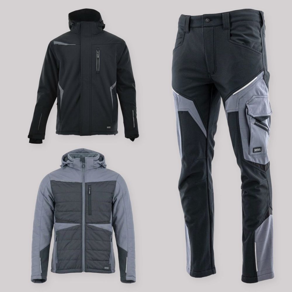 Zestaw roboczy na cały sezon czarno-szary — kurtka zimowa, kurtka hybrydowa i spodnie softshell Comfort Winter