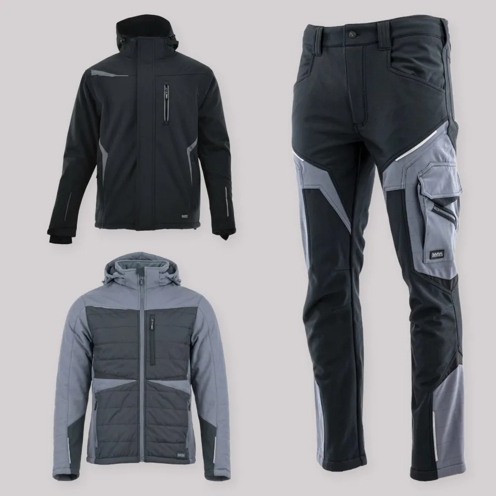 Zestaw roboczy na cały sezon czarno-szary — kurtka zimowa, kurtka hybrydowa i spodnie softshell Comfort Winter